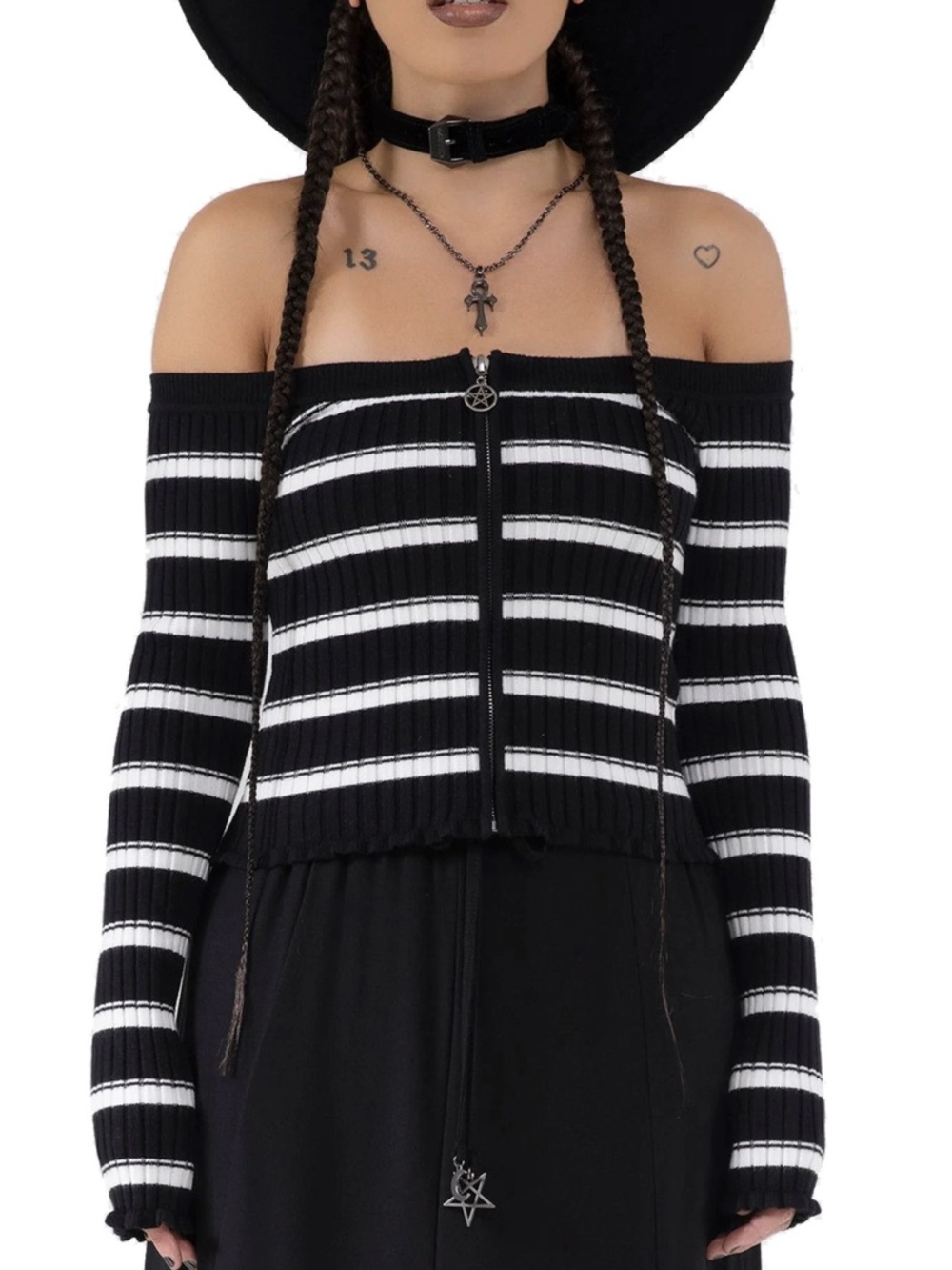 Killstar Ashryn Top XXL Black White Stripe Off Shoulder Zip Knit Goth Sweater